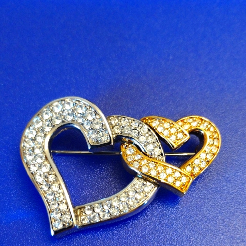 Swarovski Double Heart Silver and Gold Crystal Pave Brooch